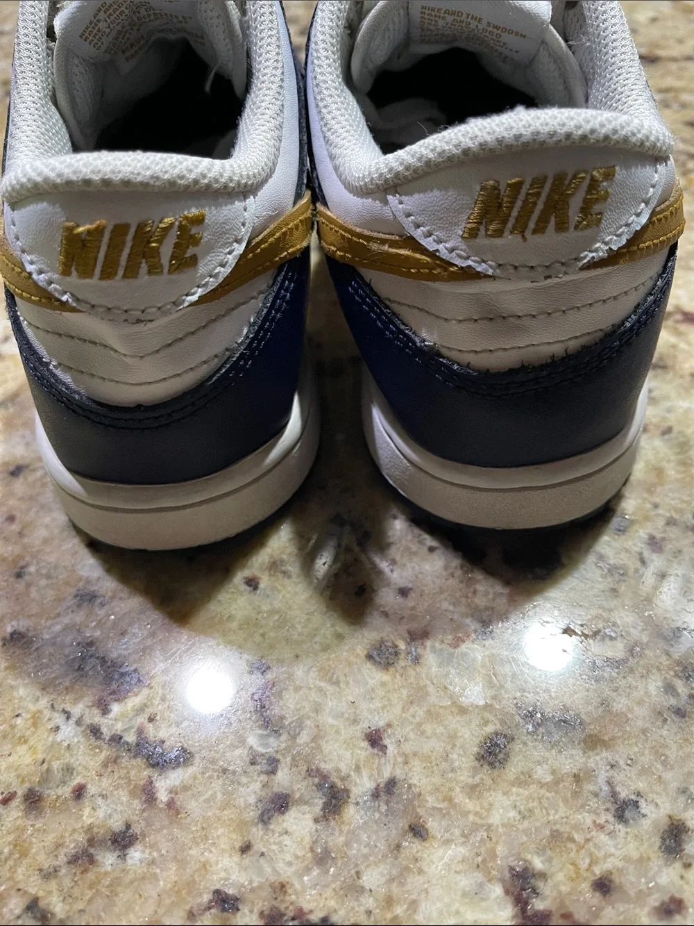 Nike Dunk Low Top Sneakers in White, Navy & Gold